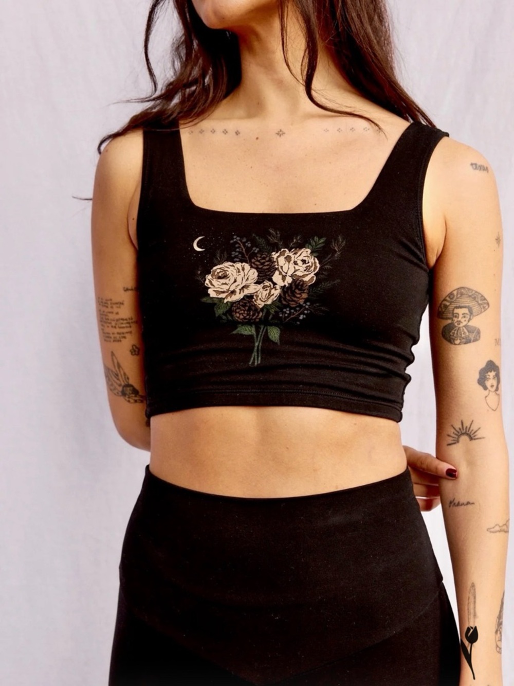 4X Purusha People Winter Bouquet Black Floral Square Neck Crop Top Tank